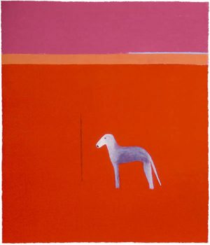 Bedlington (dog) in red 1999 Signed  by Craigie Aitchison